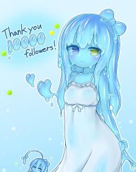 Rule 34 | + +, 2girls, blue bow, blue hair, blue sclera, blue skin, blush, bow, breasts, chibi, closed mouth, colored sclera, colored skin, contrapposto, curss, dress, english text, hair bow, heart, heterochromia, highres, long hair, looking at viewer, milestone celebration, monster girl, multiple girls, original, outline, purple eyes, slime girl, small breasts, smile, solo focus, sparkle, sundress, tenori (curss), wet, wet clothes, wet dress, white dress, white outline, wrist bow, yellow eyes