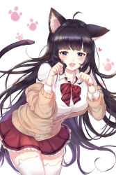 Rule 34 | 1girl, absurdres, ahoge, animal ear legwear, animal ears, black hair, blue eyes, blunt bangs, blush, bow, bowtie, breasts, cat ear legwear, cat ears, cat tail, collarbone, cowboy shot, fangs, female focus, frilled skirt, frills, hands up, happy, heart, highres, kani (kkk kani), large breasts, leaning forward, long hair, long sleeves, looking at viewer, miniskirt, off shoulder, open mouth, original, paw pose, paw print, red bow, red bowtie, red skirt, shirt, simple background, skirt, smile, solo, standing, striped bow, striped bowtie, striped clothes, striped neckwear, sweater, tail, thighhighs, very long hair, white background, white shirt, white thighhighs, yellow sweater, zettai ryouiki