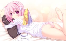Rule 34 | 1girl, 77, ass, bare shoulders, barefoot, feet, gradient hair, hair ornament, hair ribbon, highres, long hair, looking at viewer, lying, mikagami mamizu, multicolored hair, no pants, hugging object, on stomach, panties, pillow, pillow hug, pink eyes, pink panties, ribbon, smile, solo, thighs, toes, tsuneha miki, underwear, wallpaper