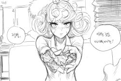 Rule 34 | 1girl, bad id, bad pixiv id, blush, collared dress, curly hair, dress, greyscale, highres, long sleeves, looking at viewer, monochrome, one-punch man, religious offering, sgb, short hair, solo focus, tatsumaki, translation request
