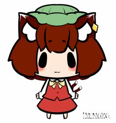 Rule 34 | 1girl, :3, animal ears, bad id, bad pixiv id, blush stickers, brown hair, cat ears, chen, hat, hikimayu, inunoko., multiple tails, ribbon, short hair, tail, touhou, two tails
