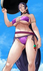 Rule 34 | 1girl, absurdres, armlet, bare shoulders, beads, bikini, blue sky, blush, breasts, choker, cleavage, collarbone, covered erect nipples, eyepatch bikini, fate/grand order, fate (series), highres, ichimegasa, large breasts, long hair, looking at viewer, minamoto no raikou (fate), minamoto no raikou (fate/grand order), minamoto no raikou (swimsuit lancer) (fate), navel, outdoors, parted bangs, parted lips, purple bikini, purple eyes, purple hair, sky, solo, swimsuit, thighs, very long hair, yoshio (55level)