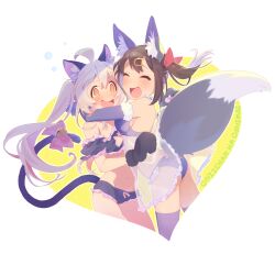 Rule 34 | 2girls, :d, @ @, ^ ^, ahoge, animal ear fluff, animal ears, animal hands, bare shoulders, bell, black bra, black gloves, black hair, black panties, black thighhighs, blush, bow, bra, breasts, cat cutout, cat ears, cat lingerie, cat tail, cleavage cutout, closed eyes, clothing cutout, commentary, copyright name, detached sleeves, elbow gloves, flat chest, flying sweatdrops, fox ears, fox tail, frilled bra, frilled panties, frills, fur-trimmed gloves, fur trim, genderswap, genderswap (mtf), gloves, hair between eyes, hair ornament, hair ribbon, hairclip, happy, highres, hug, jingle bell, lingerie, long hair, medium breasts, meme attire, multiple girls, onii-chan wa oshimai!, open mouth, orange eyes, oyama mahiro, oyama mihari, panties, paw gloves, pink bow, pink hair, puffy detached sleeves, puffy sleeves, red ribbon, ribbon, sak (saku6sak), see-through, siblings, simple background, sisters, smile, strap slip, symbol-only commentary, tail, tail bell, tail bow, tail ornament, thighhighs, twintails, underwear