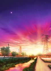Rule 34 | bridge, canal, cloud, dusk, grass, highres, monorisu, no humans, original, outdoors, path, power lines, reflection, road, rural, scenery, sky, star (sky), starry sky, sunset, transmission tower, tree, twilight, utility pole, water