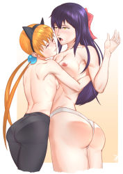 Rule 34 | 00s, 1990s (style), 2girls, after kiss, agent aika, aika (series), alisa southerncross, animal ears, ass, ass focus, back, bad id, bad pixiv id, bare arms, bare back, bare legs, bare pectorals, bare shoulders, black legwear, blue hair, blush, bow, breast press, breasts, breasts out, brown eyes, crossover, delmo, eyebrows, fake animal ears, female focus, golden delmo, gradient background, hair bobbles, hair bow, hair ornament, hair ribbon, hairband, harako (axap4882), hip focus, hug, keroro gunsou, long hair, low twintails, medium breasts, multiple girls, nipples, no bra, open mouth, orange hair, panties, panties under pantyhose, pantyhose, pantyshot, pectorals, pink background, pink eyes, retro artstyle, ribbon, rie petoriyacowa, saliva, saliva trail, shiny skin, sideboob, signature, simple background, smile, standing, thighs, topless, twintails, underwear, underwear only, very long hair, white panties, yuri