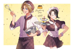 Rule 34 | 1boy, 1girl, akzk kh, alternate costume, apron, asymmetrical bangs, blonde hair, blue eyes, bowl, breasts, brown hair, buttons, cherry, dessert, dress, earrings, final fantasy, final fantasy x, food, fruit, hair between eyes, hair bun, hand on own hip, highres, holding, holding bowl, holding plate, holding whisk, ice cream, jewelry, maid headdress, medium breasts, necktie, one eye closed, pants, parted bangs, plaid, plaid dress, plaid headwear, plaid necktie, plaid pants, plate, pudding, puffy short sleeves, puffy sleeves, shirt, short hair, short sleeves, single earring, single hair bun, sleeves rolled up, smile, star (symbol), sundae, thighhighs, tidus, tongue, tongue out, upper body, waist apron, whisk, white necktie, white shirt, white thighhighs, wrist cuffs, yellow background, yuna (ff10)