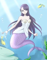 Rule 34 | 10s, 1girl, afloat, bare shoulders, breasts, cleavage, eyelashes, fish, floating, hair ornament, happy, heartcatch precure!, long hair, looking at viewer, mermaid, monster girl, open mouth, precure, purple eyes, purple hair, shirt, smile, solo, swimming, tsukikage oyama, tsukikage yuri, underwater