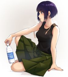 Rule 34 | 1girl, bare arms, bare shoulders, beige background, black shirt, blush, boku no hero academia, bottle, brown skirt, collarbone, commentary request, from side, gradient background, highres, holding, holding bottle, jirou kyouka, knee up, kobaji, nail polish, pink nails, pleated skirt, purple hair, shirt, short hair, sitting, skirt, solo, sweat, tongue, tongue out, water bottle