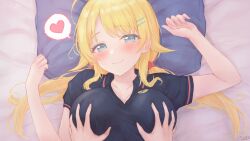 Rule 34 | 1boy, 1girl, ahoge, blonde hair, blush, breasts, cleavage, collarbone, gameso, grabbing, grabbing another&#039;s breast, hachimiya meguru, hair spread out, heart, hetero, highres, idolmaster, idolmaster shiny colors, large breasts, looking at viewer, lying, on back, pov, pov hands, smile, solo focus, spoken heart, twintails, upper body