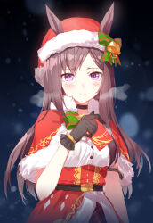 Rule 34 | 1girl, alternate costume, animal ears, arm at side, ass, black gloves, blurry, blush, bokeh, bow, bowtie, breasts, breath, brown hair, capelet, card, choker, closed mouth, cold, depth of field, ears through headwear, furrowed brow, gloves, green bow, hand up, hat, high-waist skirt, holding, holding card, horse ears, long hair, looking at viewer, mejiro dober (holy night to change) (umamusume), mejiro dober (umamusume), purple eyes, red hat, red skirt, romi (346 ura), santa hat, shirt, short sleeves, skirt, small breasts, solo, umamusume, upper body, white shirt