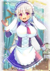Rule 34 | 1girl, :d, ahoge, animal ears, apron, black dress, blurry, blurry background, breasts, collared shirt, commentary request, depth of field, dress, dress shirt, frilled dress, frills, grey hair, hair between eyes, hand up, kou hiyoyo, large breasts, layered sleeves, long sleeves, maid, maid apron, maid day, maid headdress, open mouth, original, puffy short sleeves, puffy sleeves, rabbit ears, red eyes, round teeth, shirt, short over long sleeves, short sleeves, smile, solo, teeth, upper teeth only, white shirt