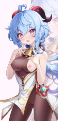 Rule 34 | 1girl, absurdres, ahoge, bare arms, bell, black pantyhose, blue hair, blush, bodystocking, bodysuit, bow, breasts, cameltoe, chinese knot, cleft of venus, clothes pull, covered erect nipples, crotch, flower knot, ganyu (genshin impact), genshin impact, gluteal fold, gold trim, hahany, hand on own chest, heart, heart-shaped pupils, highres, horns, long hair, looking at viewer, low ponytail, medium breasts, neck bell, nipples, no gloves, one breast out, pantyhose, pelvic curtain, purple eyes, saliva, sideboob, sidelocks, sleeveless, solo, standing, symbol-shaped pupils, thigh gap, thighlet, thighs, tongue, vision (genshin impact)