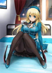 Rule 34 | 10s, 1girl, atago (kancolle), bed, beret, black gloves, black pantyhose, blonde hair, blush, breasts, crotch seam, curtains, gloves, hat, highres, kantai collection, large breasts, long hair, looking at viewer, military, military uniform, mitarashi kousei, panties, panties under pantyhose, pantyhose, sitting, smile, solo, underwear, uniform, window
