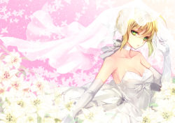 Rule 34 | 1girl, ahoge, alternate costume, artoria pendragon (all), artoria pendragon (fate), bare shoulders, blonde hair, bow, breasts, bridal veil, choker, cleavage, dress, elbow gloves, fate/stay night, fate (series), flower, gloves, green eyes, hachini, looking at viewer, pink background, saber (fate), solo, veil, wedding dress