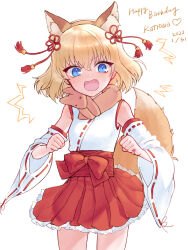 Rule 34 | 100zi, 1girl, alternate costume, animal, animal around neck, animal ears, blonde hair, blue eyes, blush, character name, clenched hands, cowboy shot, dated, detached sleeves, fake animal ears, fang, fox ears, fox tail, girls und panzer, hakama, hakama skirt, happy birthday, highres, japanese clothes, katyusha (girls und panzer), looking at viewer, miko, nontraditional miko, open mouth, petite, red skirt, ribbon-trimmed sleeves, ribbon trim, short hair, simple background, skirt, solo, surprised, tail, white background, wide sleeves