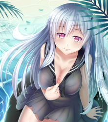 Rule 34 | 10s, 1girl, absurdres, abyssal ship, aircraft carrier oni, black dress, breasts, cleavage, collarbone, dress, covered erect nipples, from above, guardian-panda, hair ornament, highres, kantai collection, large breasts, long hair, looking at viewer, pink eyes, silver hair, sitting, smile, solo