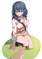 Rule 34 | 1girl, alternate costume, ascot, black footwear, blue eyes, blue hair, boots, breasts, buttons, byleth (female) (fire emblem), byleth (female) (summer wear) (fire emblem), byleth (fire emblem), cat, closed mouth, double-breasted, dress, fire emblem, fire emblem: three houses, garreg mach monastery uniform, highres, knee boots, large breasts, long hair, long sleeves, nintendo, official alternate costume, on one knee, simple background, soto, thighs, white background