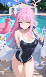 Rule 34 | 1girl, angel wings, arm behind back, black one-piece swimsuit, blue archive, blush, breasts, byocho, cleavage, closed mouth, cowboy shot, crescent, crescent pin, day, feathered wings, groin, halo, highres, large breasts, long hair, looking at viewer, mika (blue archive), one-piece swimsuit, outdoors, pink hair, pink halo, pool, smile, solo, swimsuit, swimsuit under clothes, water, white wings, wings, yellow eyes