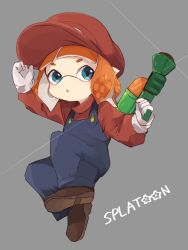 Rule 34 | 1girl, blue eyes, blue overalls, blue pants, brown footwear, buttons, cosplay, full body, gloves, grey background, hand on headwear, hat, holding, holding water gun, ika esu, inkling, inkling girl, inkling player character, jumping, long sleeves, looking to the side, mario, mario (cosplay), nintendo, open mouth, orange hair, overalls, pants, pointy ears, red hat, red shirt, shirt, shoes, short hair, simple background, solo, splatoon (series), water gun, white gloves