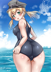 Rule 34 | 10s, 1girl, ass, blonde hair, from behind, green eyes, hat, kantai collection, long hair, one-piece swimsuit, prinz eugen (kancolle), sakiyamama, school swimsuit, solo, swimsuit, twintails