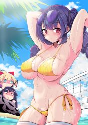 Rule 34 | 3girls, animal ears, annoyed, armpits, arms behind head, arms up, azur lane, beach, bikini, black hair, blonde hair, blue eyes, blue sky, blunt bangs, bow, breasts, cleavage, cloud, cloudy sky, collarbone, commentary request, edoara, eyewear on head, fox ears, fox girl, groin, hair between eyes, hair bow, hair ribbon, highres, jealous, large breasts, long hair, looking at another, looking at viewer, multiple girls, nagato (azur lane), navel, ocean, peeking out, pola (azur lane), pola (seaside coincidence) (azur lane), ponytail, purple hair, queen elizabeth (azur lane), red eyes, ribbon, side-tie bikini bottom, sidelocks, sky, stomach, sunglasses, sunlight, swimsuit, thighhighs, twintails, volleyball net, wet, wet clothes, wet swimsuit, white legwear, yellow bikini