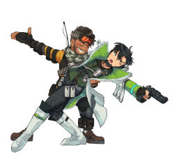 Rule 34 | 2boys, animification, annoyed, apex legends, black eyes, black gloves, black hair, black pants, blush, bodysuit, boots, crypto (apex legends), dancing, energy gun, facial hair, fingerless gloves, gloves, goatee, goggles, goggles on head, grey scarf, gun, handgun, highres, holding, holding gun, holding weapon, husagin, looking to the side, male focus, mirage (apex legends), multiple boys, open hand, open mouth, orange bodysuit, pants, partially fingerless gloves, pistol, radio antenna, sa-3 mozambique, scarf, smile, weapon, white background, white footwear