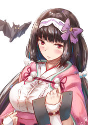 Rule 34 | 1girl, bad id, bad pixiv id, bat (animal), black hair, fate/grand order, fate (series), fingerless gloves, gloves, gohei (aoi yuugure), hairband, highres, long hair, looking at viewer, low twintails, origami, osakabehime (fate), purple eyes, sketch, solo, tablet pc, twintails, white background