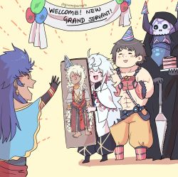 Rule 34 | 4boys, banner, brown hair, cake, cardboard cutout, dark-skinned male, dark skin, earrings, fate/grand order, fate (series), food, gift, goetia (fate), hat, highres, jewelry, king hassan (fate), long hair, male focus, merlin (fate), multiple boys, party, party hat, pyon (givemequartzplz), romulus quirinus (fate), silver hair, simple background, smile, super orion (fate), trait connection, very long hair, waving, yellow background