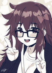 Rule 34 | 1girl, :d, abe inori, black-framed eyewear, blush, bow, brown eyes, collarbone, commentary request, double v, fate/extra, fate/extra ccc, fate (series), glasses, hair bow, hands up, jinako carigiri, long hair, long sleeves, looking at viewer, monochrome, open mouth, ribbed sweater, shirt, signature, smile, solo, sweater, v
