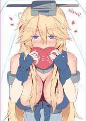 Rule 34 | 10s, 1girl, bare shoulders, blonde hair, blue eyes, box, breasts, candy, chocolate, chocolate heart, chromatic aberration, cleavage, covering own mouth, english text, fingerless gloves, food, front-tie top, gloves, heart, heart-shaped box, heart-shaped pupils, highres, holding, holding chocolate, holding food, iowa (kancolle), kantai collection, large breasts, long hair, mino kureha, sidelocks, symbol-shaped pupils, valentine, wrist cuffs