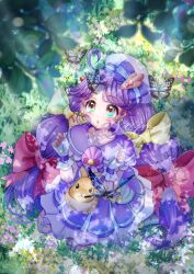 Rule 34 | 1girl, ahoge, animal, animal on lap, blue bow, blue eyes, blush, bow, bow earrings, bug, butterfly, choker, cure coral, earrings, gradient eyes, hair bow, hat, highres, insect, jewelry, long hair, magical girl, multi-tied hair, multicolored eyes, multiple hair bows, mymo0527, on grass, on lap, open mouth, pink bow, pink eyes, precure, purple choker, purple hair, rabbit, sailor hat, solo, suzumura sango, tropical-rouge! precure, yellow bow