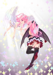 Rule 34 | 2girls, absurdres, angel wings, ass, bat wings, black legwear, bow, breasts, bustier, cleavage, demon tail, demon wings, dress, dual persona, eye contact, fishnet legwear, fishnets, flying, full body, garter straps, girlfriend (kari), hair bow, holding hands, high heels, highres, horns, jewelry, kagami matsuri, leg up, long hair, looking at another, miniskirt, multiple girls, necklace, open mouth, pink eyes, pink hair, ribbon, shiorin1910, shoes, skirt, small breasts, smile, tail, thighhighs, thighs, two side up, white dress, wings, zettai ryouiki