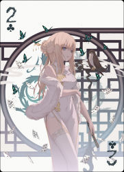 Rule 34 | 1girl, arm under breasts, bad id, bad pixiv id, bird, blonde hair, blue eyes, breast hold, breasts, bug, butterfly, cape, card, china dress, chinese clothes, commentary, dragon, dress, eastern dragon, empty eyes, english commentary, feet out of frame, folded fan, folding fan, fur-trimmed cape, fur trim, garter belt, hair between eyes, hair bun, hair ornament, hairpin, hand fan, hawk, high collar, highres, holding, holding fan, insect, large breasts, looking at viewer, merry hearm, original, playing card, rounded corners, side slit, sidelocks, simple background, single hair bun, sleeveless, sleeveless dress, solo, spade (shape), thighhighs, white background, white dress, white thighhighs