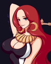 Rule 34 | 1girl, absurdres, artist name, baccarat (one piece), blue background, breasts, cleavage, coin, dated, earrings, green eyes, highres, jewelry, large breasts, long hair, malty s melromarc, money, necklace, oliv, one piece, one piece film: gold, red hair, simple background, solo, teeth, upper body