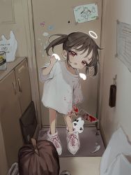 Rule 34 | 1girl, angel wings, bag, beer can, blood, blouse, brown hair, can, child, door, drink can, halo, head tilt, highres, ishida umi, knife, no pants, original, plastic bag, rabbit, shirt, shoes, sneakers, trash bag, twintails, waving, white shirt, wings