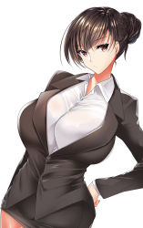 Rule 34 | 1girl, black jacket, black skirt, blush, breasts, brown eyes, brown hair, closed mouth, collared shirt, dress shirt, formal, hand on own hip, highres, huge breasts, jacket, long hair, long sleeves, looking at viewer, minidress, office lady, original, pencil skirt, sasakuma kyouta, shirt, simple background, skirt, skirt suit, solo, suit, swept bangs, white background, white shirt