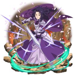 Rule 34 | 1girl, armor, armored boots, armored dress, black gloves, boots, breastplate, cape, dress, fanatio synthesis two, floating hair, full body, gloves, highres, holding, holding sword, holding weapon, layered dress, long dress, long hair, looking at viewer, official art, pauldrons, purple cape, purple dress, purple hair, shoulder armor, solo, standing, sword, sword art online, sword art online: alicization, transparent background, weapon, white footwear