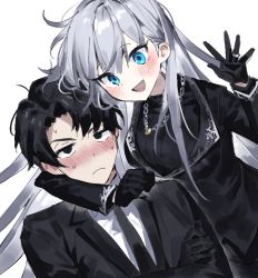 Rule 34 | 1boy, 1girl, angelica (project moon), arm around neck, black eyes, black gloves, black hair, black jacket, black sweater, blue eyes, blush, breasts, closed mouth, crossed arms, gloves, grey hair, jacket, jewelry, korean commentary, library of ruina, long hair, looking at viewer, maratang, necklace, open mouth, project moon, ring, ring necklace, roland (project moon), simple background, spoilers, sweat, sweater, upper body, very long hair, white background