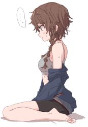 Rule 34 | amane suzuha, braid, feet, from side, highres, jacket, kahlua (artist), simple background, solo, sports bra, steins;gate, sweat, tagme, toes, track jacket, twin braids, white background
