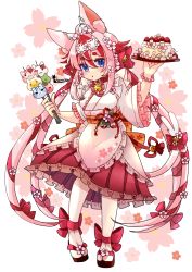 Rule 34 | 1girl, :o, ahoge, animal ears, apron, arm up, bangs pinned back, bell, blue eyes, blush, bow, bracelet, cake, cat, cherry blossom print, cherry blossoms, collar, dango, dress, floral print, flower, food, footwear bow, frilled apron, frilled dress, frilled sleeves, frills, hair flower, hair ornament, hair ribbon, highres, holding, holding food, japanese clothes, jewelry, long dress, long hair, looking away, looking to the side, maid, maid apron, multicolored hair, neck bell, open mouth, original, pantyhose, pink hair, red hair, ribbon, sandals, signature, solo, strawberry shortcake, streaked hair, teruna (artist), twintails, two-tone hair, very long hair, wa maid, wagashi, white headwear, white pantyhose, wide sleeves