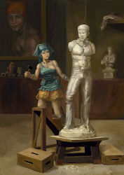 Rule 34 | 1girl, amibazh, apron, arm ribbon, bare shoulders, billy herrington, blue hair, box, breasts, bust (sculpture), character request, cleavage, commentary request, female focus, fine art parody, gachimuchi pants wrestling, hammer, haniwa (statue), haniyasushin keiki, hood, indoors, jewelry, ladder, large breasts, long hair, looking at object, looking at viewer, looking to the side, magatama, magatama necklace, mars symbol, medium breasts, meme, muscular, necklace, no shirt, painting (object), parody, phallic symbol, picture frame, ribbon, ricardo milos, sculpting, sculpture, skirt, solo, statue, stepladder, stool, touhou, van darkholme, venus de milo, wrestling (series), yellow skirt