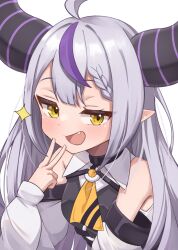 Rule 34 | 1girl, absurdres, ahoge, black dress, blush, braid, braided bangs, collared dress, commentary request, dress, fang, grey hair, hashira 14, highres, hololive, horns, la+ darknesss, la+ darknesss (1st costume), long hair, looking at viewer, multicolored hair, open mouth, pointy ears, purple hair, sidelocks, single braid, smug, star (symbol), streaked hair, v, virtual youtuber