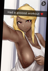Rule 34 | 1girl, armpits, backlighting, blonde hair, breasts, cleavage, commentary, dark-skinned female, dark skin, day, english commentary, english text, fake screenshot, female pov, gyaru, huge breasts, instagram, lailah (roresu), looking at viewer, naughty face, no bra, original, outstretched arm, ponytail, pov, reaching, reaching towards viewer, red eyes, roresu, selfie, sideboob, sidelocks, snapchat, solo, strap gap, sweat, swept bangs, tank top