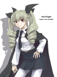 Rule 34 | 10s, 1girl, anchovy (girls und panzer), belt, brown eyes, cape, character name, copyright name, dress shirt, drill hair, girls und panzer, green hair, hair ribbon, hand on own hip, hidepapa, holding, italian text, long hair, long sleeves, looking at viewer, miniskirt, necktie, pantyhose, ribbon, riding crop, school uniform, shadow, shirt, skirt, smile, solo, standing, twin drills, twintails, white background, white pantyhose, white shirt