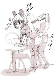 Rule 34 | 10s, african wild dog (kemono friends), african wild dog ears, african wild dog tail, blush, clothed sex, highres, kemono friends, monochrome, sex, short hair, sketch, tagme