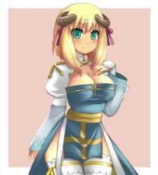 Rule 34 | 1girl, arch bishop (ragnarok online), blonde hair, blue dress, blush, bow, breasts, brown background, brown horns, cleavage, cleavage cutout, closed mouth, clothing cutout, commentary request, cowboy shot, cross, dress, fingernails, frilled thighhighs, frills, green eyes, hair between eyes, hair bow, highres, horns, juliet sleeves, large breasts, long sleeves, looking at viewer, medium bangs, medium hair, pelvic curtain, puffy sleeves, ragnarok online, red bow, sash, sidelocks, smile, solo, thighhighs, two-tone background, two-tone dress, uzuki kouta, white background, white dress, white thighhighs, yellow sash
