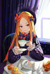 Rule 34 | 1girl, abigail williams (fate), absurdres, black bow, black dress, black hat, blonde hair, bow, cake, cake slice, commentary request, cup, curtains, dress, fate/grand order, fate (series), food, forehead, fork, hair bow, hat, highres, holding, holding cup, indoors, long hair, long sleeves, multiple hair bows, orange bow, parted bangs, polka dot, polka dot bow, red eyes, saucer, sleeves past wrists, solo, very long hair, wang man, window