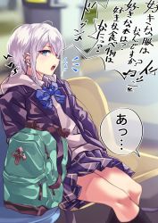 Rule 34 | 1girl, absurdres, backpack, bag, beamed sixteenth notes, bench, black socks, blue eyes, bow, bowtie, cable, collared shirt, commentary request, ear piercing, earbuds, earphones, earrings, eighth note, focused, grey hair, highres, hood, hooded jacket, jacket, jewelry, looking at viewer, musical note, open mouth, original, piercing, school uniform, shashaki, shirt, short hair, sidelocks, sitting, skirt, socks, solo, translation request, wire