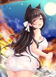 Rule 34 | 1girl, absurdres, animal ears, ass, atago (azur lane), azur lane, bad id, bad pixiv id, black hair, breasts, brown eyes, commentary, from behind, full moon, hair ribbon, highres, large breasts, lens flare, long hair, looking at viewer, looking back, mole, mole under eye, moon, naked towel, onsen, open mouth, revision, ribbon, solo, steam, tiphereth, towel, white ribbon