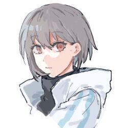 Rule 34 | 1girl, bang dream!, bang dream! it&#039;s mygo!!!!!, closed mouth, commentary request, grey hair, hair between eyes, jacket, lowres, nininikal, short hair, simple background, solo, takamatsu tomori, turtleneck, white background, white jacket